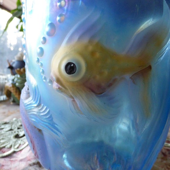 FENTON BLUE OPALESCENT SCALLOPED RIM FISH BOWL VASE PLANTER HANDPAINTED SIGNED - Picture 8 of 14